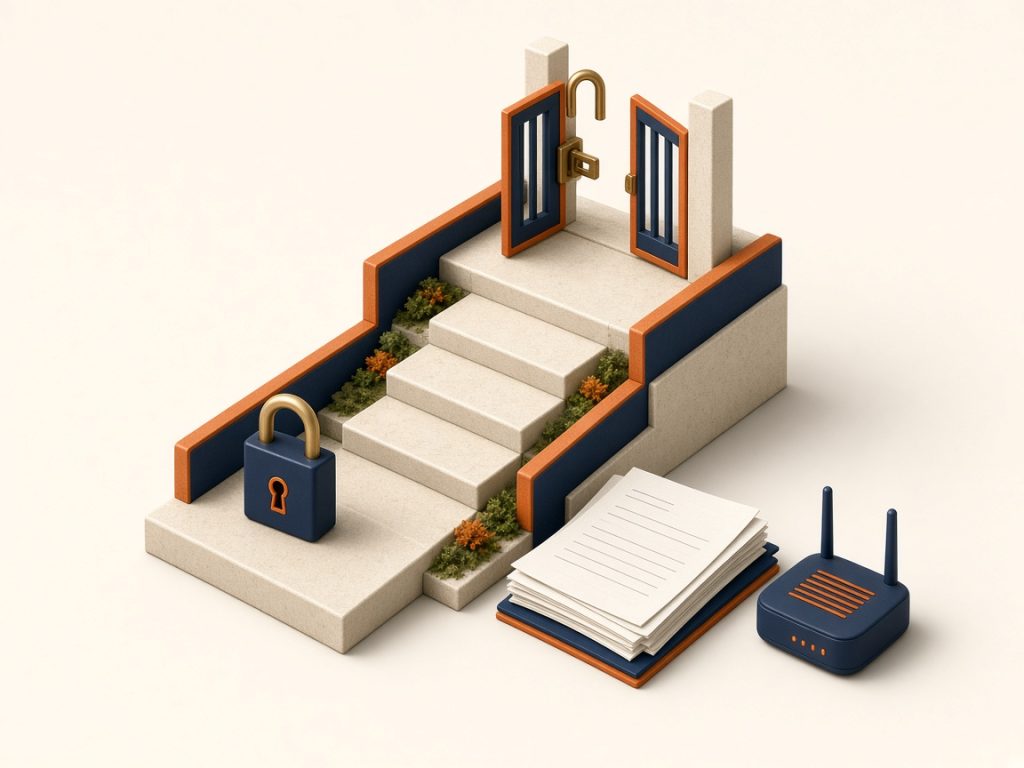 Internet Monatlich Kündbar 2026: Tarife Ohne Laufzeit Vergleichen 10 Isometrische 3D-Illustration: Treppe Mit Geöffnetem Tor Nach Der Anfangsphase, Vorhängeschloss, Wlan-Router Und Vertragsunterlagen