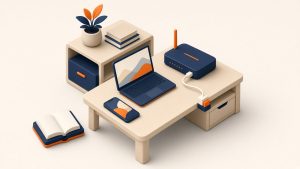Isometrische 3D-Illustration: WLAN-Router, Laptop und Smartphone für Jugend-Internettarif zu Hause