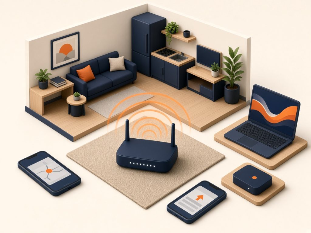 Isometrische 3D-Illustration: Wlan-Router Mit Mehreren Geräten In Einer Wg