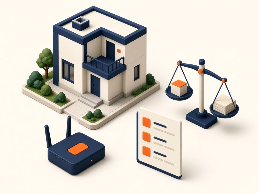 Isometrische 3D-Illustration: Wohnung, Router Und Waage Zur Tarifentscheidung Für Junge Leute