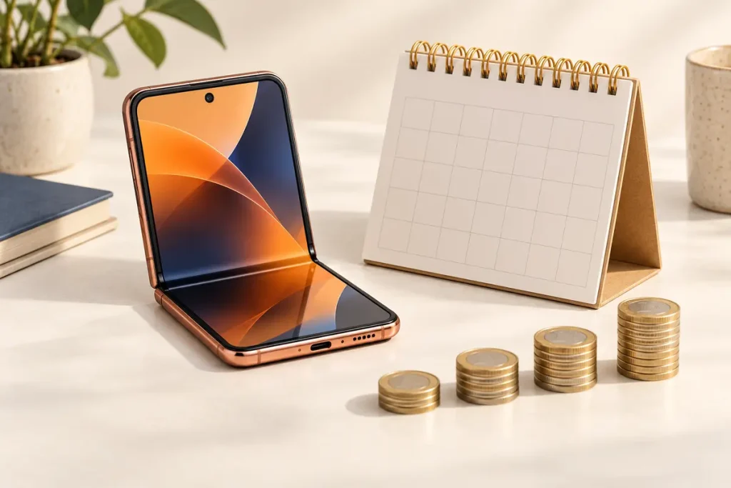 Motorola Razr 70 Plus Mit Vertrag: Tarife Vergleichen 9 Klappbares Smartphone Neben Einem Kalender Und Münzen Für Die Vertragslaufzeit