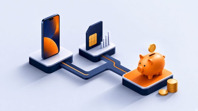 Isometrische Darstellung Eines Smartphone-Tarifpakets Mit Sparschwein Auf Kühlem Studiohintergrund